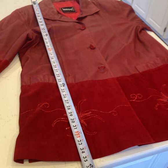 Vintage Lambskin Leather Red Suade Embroidered Rhinstones Holiday Jacket - Picture 6 of 15